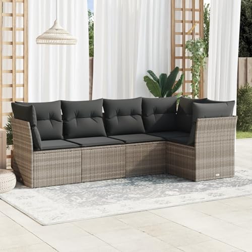 IKAYAA 5-TLG Rattan Gartenmöbel Set, Balkon Lounge, Outdoor Loungemöbel Rattan Sitzlounge Ecklounge Ecksofa Gartensofa Balkonsofa Hellgrau Type-40 von IKAYAA