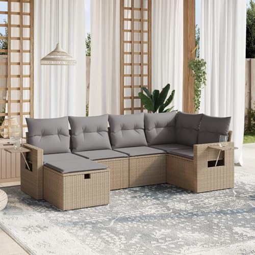 IKAYAA 6-TLG Balkon Lounge Gartenlounge Klein Rattan Sofa Balkonsofa Kleiner Balkon Sitzecke Balkon Loungemöbel Gartensofa Ecksofa Beige und Grau Type-21 von IKAYAA