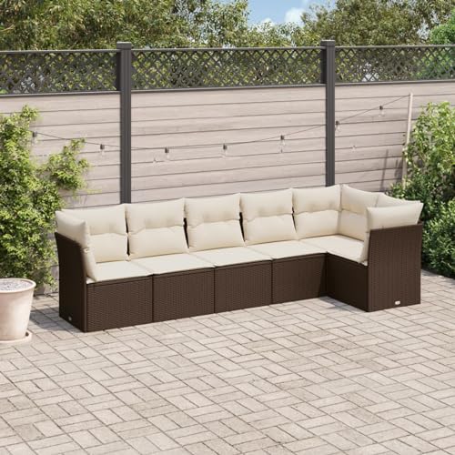 IKAYAA 6-TLG Rattan Gartenmöbel Set, Balkon Lounge, Outdoor Loungemöbel Rattan Sitzlounge Ecklounge Ecksofa Gartensofa Balkonsofa Braun und Creme Type-21 von IKAYAA