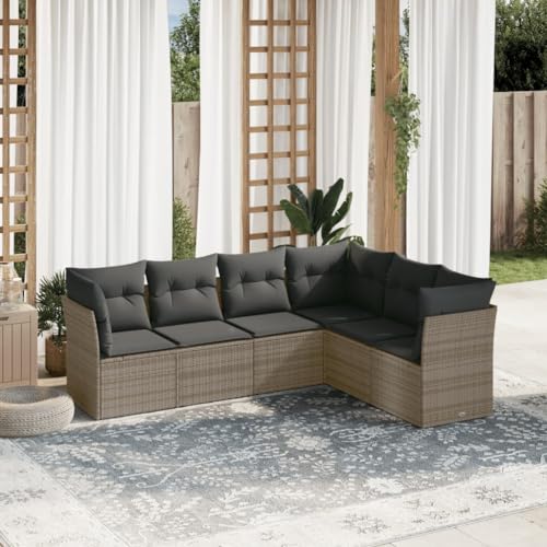 IKAYAA 6-TLG Rattan Gartenmöbel Set, Balkon Lounge, Outdoor Loungemöbel Rattan Sitzlounge Ecklounge Ecksofa Gartensofa Balkonsofa Grau Type-18 von IKAYAA