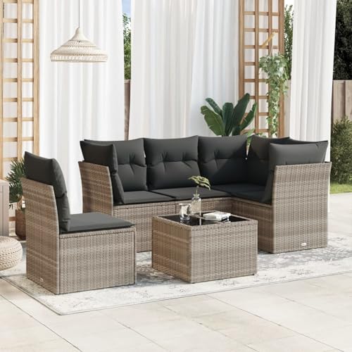 IKAYAA 6-TLG Rattan Gartenmöbel Set, Balkon Lounge, Outdoor Loungemöbel Rattan Sitzlounge Ecklounge Ecksofa Gartensofa Balkonsofa Hellgrau Type-23 von IKAYAA