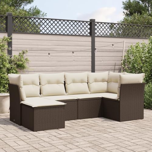 IKAYAA 6-TLG Rattan Gartenmöbel Set Balkon Lounge Ecklounge Ecksofa Outdoor Loungemöbel Rattan Sitzlounge Balkon Gartensofa Balkonsofa Braun und Creme Type-32 von IKAYAA