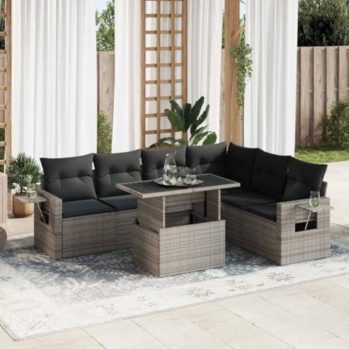 IKAYAA 7-TLG Polyrattan Lounge mit Verstellbare Gartentisch, Gartenlounge XXL mit Stauraum Gartenlounge Outdoor Terrassenmöbel außen Polyrattan Gartenmöbel Set Grau Type 5 von IKAYAA