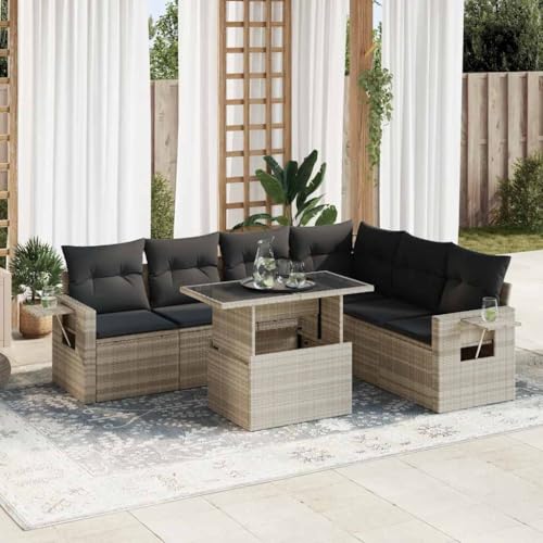 IKAYAA 7-TLG Polyrattan Lounge mit Verstellbare Gartentisch, Gartenlounge XXL mit Stauraum Gartenlounge Outdoor Terrassenmöbel außen Polyrattan Gartenmöbel Set Hellgrau Type 4 von IKAYAA