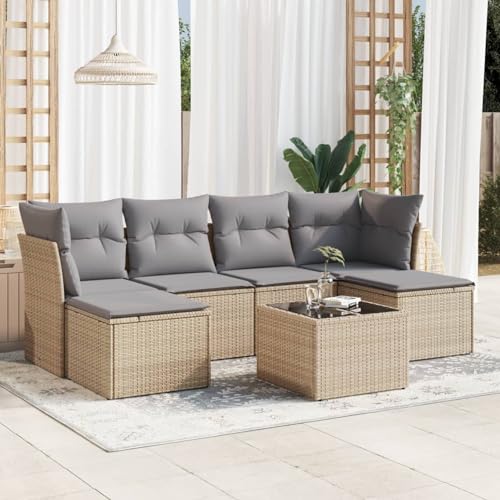 IKAYAA 7-TLG Rattan Gartenmöbel Set Balkon Lounge Ecklounge Ecksofa Outdoor Loungemöbel Rattan Sitzlounge Balkon Gartensofa Balkonsofa Beige und Grau Type-16 von IKAYAA