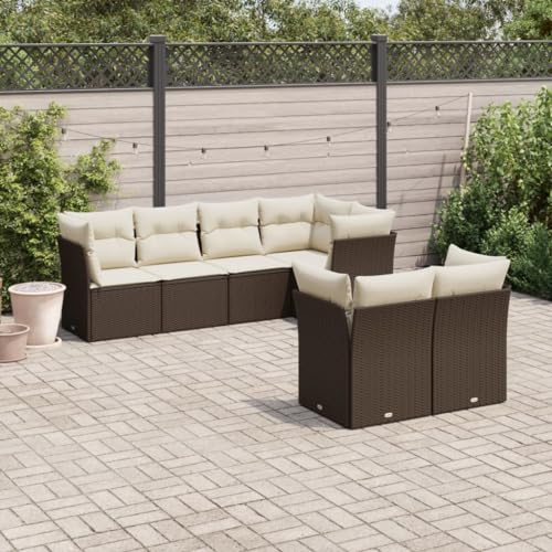 IKAYAA 7-TLG Rattan Gartenmöbel Set Balkon Lounge Ecklounge Ecksofa Outdoor Loungemöbel Rattan Sitzlounge Balkon Gartensofa Balkonsofa Braun und Creme Type-45 von IKAYAA