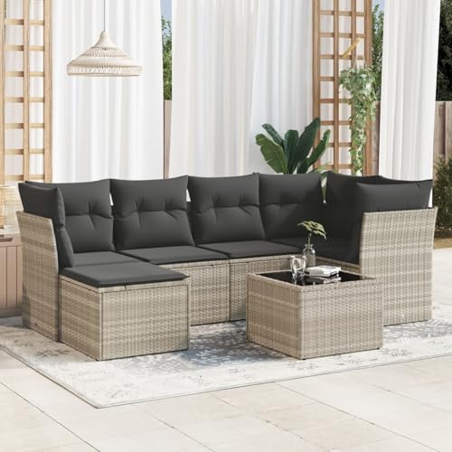 IKAYAA 7-TLG Rattan Gartenmöbel Set Balkon Lounge Ecklounge Ecksofa Outdoor Loungemöbel Rattan Sitzlounge Balkon Gartensofa Balkonsofa Hellgrau Type-30 von IKAYAA