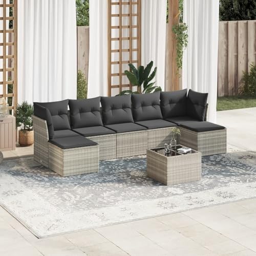 IKAYAA 8-TLG Loungemöbel Set Gartenlounge Outdoor Polyrattan Gartenmöbel Set Gartenlounge XXL Terrassenmöbel außen Ecklounge Hellgrau Type-13 von IKAYAA