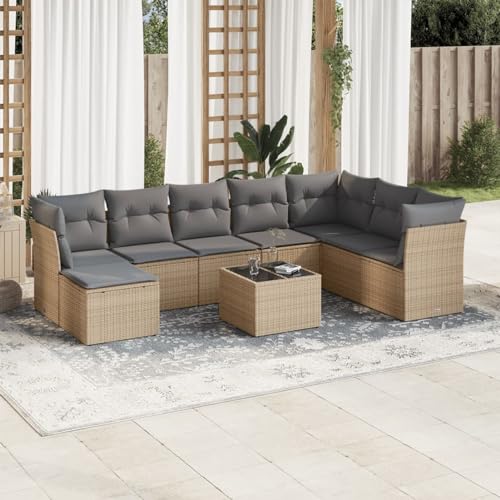 IKAYAA 9-TLG Loungemöbel Set Gartenlounge Outdoor Polyrattan Gartenmöbel Set Gartenlounge XXL Terrassenmöbel außen Ecklounge Beige und Grau Type-7 von IKAYAA