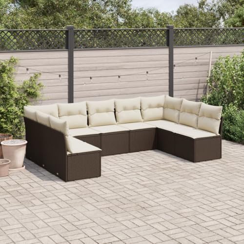 IKAYAA 9-TLG Loungemöbel Set Gartenlounge Outdoor Polyrattan Gartenmöbel Set Gartenlounge XXL Terrassenmöbel außen Ecklounge Braun und Creme Type-3 von IKAYAA