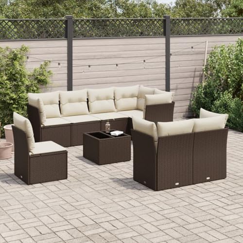 IKAYAA 9-TLG Loungemöbel Set Gartenlounge Outdoor Polyrattan Gartenmöbel Set Gartenlounge XXL Terrassenmöbel außen Ecklounge Braun und Creme Type-35 von IKAYAA