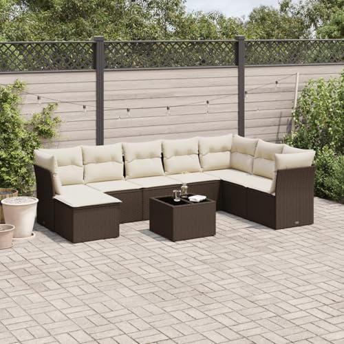 IKAYAA 9-TLG Loungemöbel Set Gartenlounge Outdoor Polyrattan Gartenmöbel Set Gartenlounge XXL Terrassenmöbel außen Ecklounge Braun und Creme Type-5 von IKAYAA