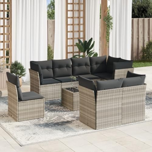 IKAYAA 9-TLG Loungemöbel Set Gartenlounge Outdoor Polyrattan Gartenmöbel Set Gartenlounge XXL Terrassenmöbel außen Ecklounge Hellgrau Type-36 von IKAYAA