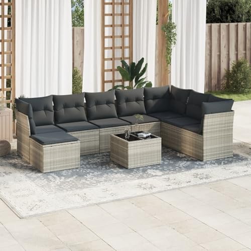 IKAYAA 9-TLG Loungemöbel Set Gartenlounge Outdoor Polyrattan Gartenmöbel Set Gartenlounge XXL Terrassenmöbel außen Ecklounge Hellgrau Type-6 von IKAYAA