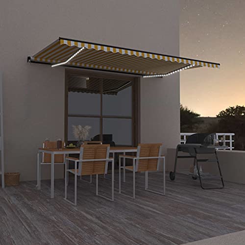 IKAYAA Alu Gelenkarmmarkise mit LED 500 x 300 cm Markise Gelenkmarkise Terrassenmarkise Klemmmarkise Sonnenmarkise Balkonmarkise wasserabweisend Polyester, Gelb und weiß von IKAYAA