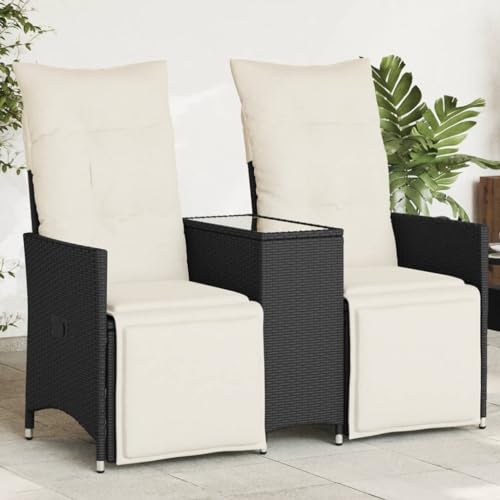 IKAYAA Balkonmöbel Set mit integriertem Tisch, Verstellbare Hochlehner Stühlen, Polyrattan Gartenbank 2-Sitzer, Gartensofa 2-Sitzer, Balkon Sitzgruppe, Schwarz, Hartglas Tisch von IKAYAA
