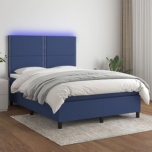 IKAYAA Boxspringbett 140 x 200 mit matratze & Led und USB Bett mit LED Beleuchtung & Topper Bett komplett mit Kopfteil höhenverstellbar -Blau-140 x 200 cm von IKAYAA