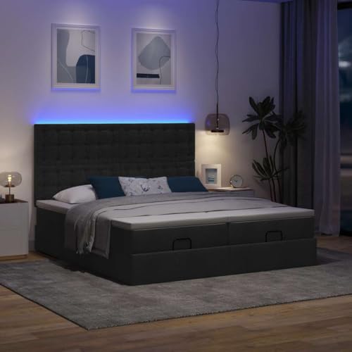 IKAYAA Boxspringbett 200 x 200 cm mit Matratze und Bettkasten Boxspringbett mit LED Beleuchtung, Polsterbett 200 x 200 cm mit stauraum Bett komplett Stauraumbett 200 x 200 cm Schwarz von IKAYAA
