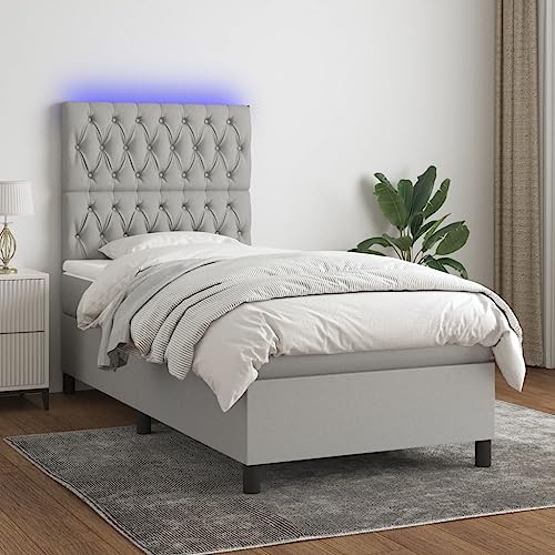 IKAYAA Boxspringbett 90 x 190 mit matratze & Led und USB Bett mit LED Beleuchtung & Topper Bett komplett mit Kopfteil höhenverstellbar -Hellgrau-90 x 190 cm Typ 2 von IKAYAA