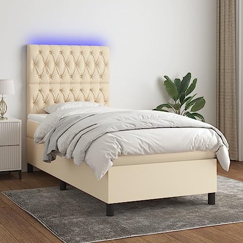 IKAYAA Boxspringbett 90 x 200 mit matratze & Led und USB Bett mit LED Beleuchtung & Topper Bett komplett mit Kopfteil höhenverstellbar -Creme-90 x 200 cm von IKAYAA