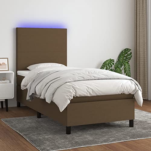 IKAYAA Boxspringbett 90 x 200 mit matratze & Led und USB Bett mit LED Beleuchtung & Topper Bett komplett mit Kopfteil höhenverstellbar -Dunkelbraun-90 x 200 cm Typ 2 von IKAYAA