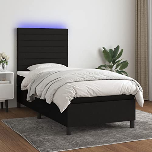 IKAYAA Boxspringbett 90 x 200 mit matratze & Led und USB Bett mit LED Beleuchtung & Topper Bett komplett mit Kopfteil höhenverstellbar -Schwarz-90 x 200 cm von IKAYAA