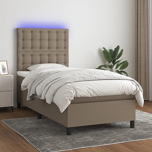 IKAYAA Boxspringbett 90 x 200 mit matratze & Led und USB Bett mit LED Beleuchtung & Topper Bett komplett mit Kopfteil höhenverstellbar -Taupe-90 x 200 cm von IKAYAA