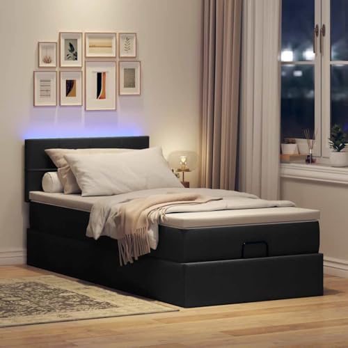 IKAYAA Boxspringbett 90x200 mit matratze und LED Bett mit Stauraum Polsterbett 90x200 mit Matratze Bettgestell mit Lattenrost Stauraum & LED Beleuchtung-Schwarz-90 x 200 cm von IKAYAA