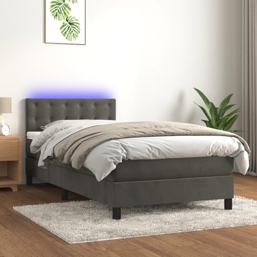 IKAYAA Boxspringbett mit Matratze LED Bett 90x200 mit matratze und lattenrost Boxspringbett 90x200 mit matratze Bett komplett mit Kopfteil Samt-Dunkelgrau-90 x 200 cm-2 von IKAYAA