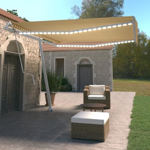 IKAYAA Elektrische Gelenkarmmarkise 400 x 350 cm mit LED & Windsensor Automatische Markise Terrassenmarkise Klemmmarkise Sonnenmarkise Balkonmarkise Gelb und weiß von IKAYAA