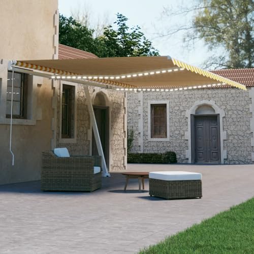 IKAYAA Elektrische Gelenkarmmarkise 500 x 300 cm mit LED & Windsensor Automatische Markise Terrassenmarkise Klemmmarkise Sonnenmarkise Balkonmarkise Gelb und weiß von IKAYAA