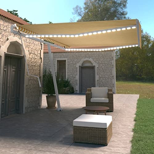 IKAYAA Elektrische Gelenkarmmarkise 500 x 350 cm mit LED & Windsensor Automatische Markise Terrassenmarkise Klemmmarkise Sonnenmarkise Balkonmarkise Gelb und weiß von IKAYAA