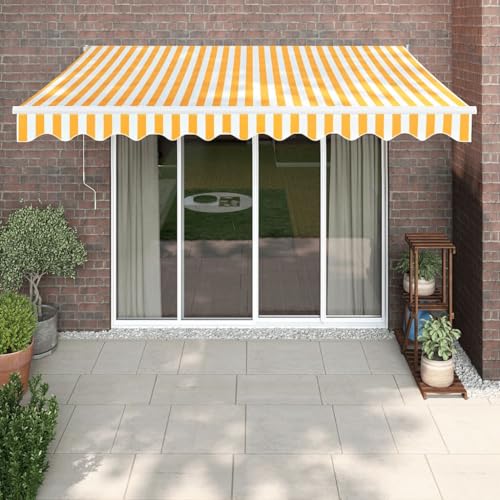 IKAYAA Elektrische markise 350x250 Elektrische Gelenkarmmarkise Markise mit Fernbedienung und Kurbel Sonnenmarkise Sonnenschutz-Gelb und Weiß-350 x 250 cm von IKAYAA