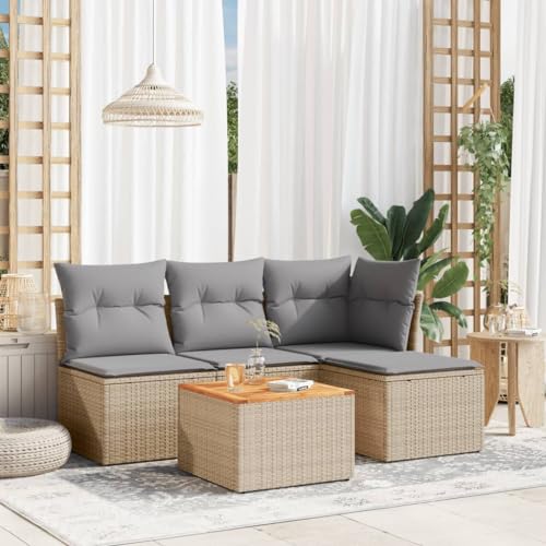 IKAYAA Gartenlounge mit Stauraum Rattan Gartenmöbel Set mit Stauraum Balkon Lounge Balkonsofa Kleiner Balkon Ecklounge Rattansofa Gartensofa Ecksofa -Mischung Beige und Hellgrau-5-tlg von IKAYAA