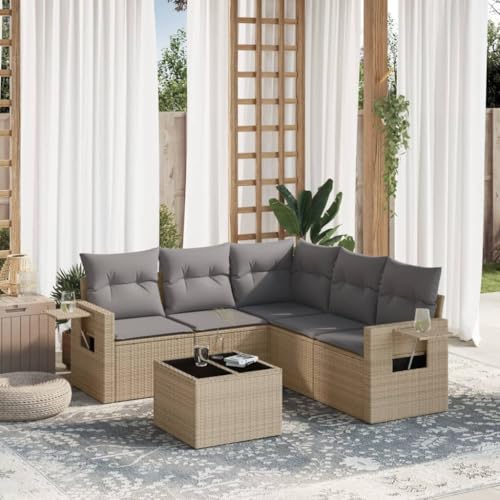 IKAYAA Gartenlounge mit Stauraum Rattan Gartenmöbel Set mit Stauraum Balkon Lounge Balkonsofa Kleiner Balkon Gartensofa Ecksofa Rattansofa Lounge Sofa Outdoor-Beige und Grau-6-tlg Typ 3 von IKAYAA