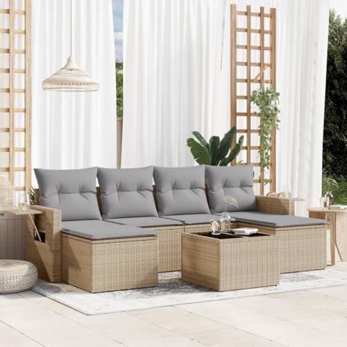 IKAYAA Gartenlounge mit Stauraum Rattan Gartenmöbel Set mit Stauraum Balkon Lounge Balkonsofa Kleiner Balkon Gartensofa Ecksofa Rattansofa Lounge Sofa Outdoor-Beige und Hellgrau-7-tlg von IKAYAA