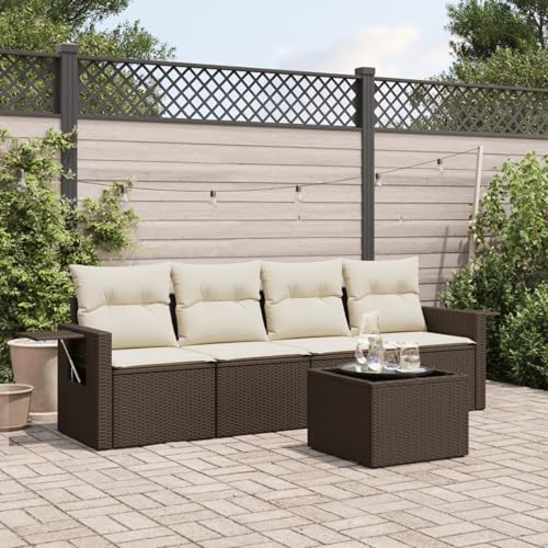 IKAYAA Gartenlounge mit Stauraum Rattan Gartenmöbel Set mit Stauraum Balkon Lounge Balkonsofa Kleiner Balkon Gartensofa Ecksofa Rattansofa Lounge Sofa Outdoor-Braun-5-tlg von IKAYAA