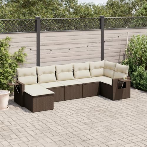 IKAYAA Gartenlounge mit Stauraum Rattan Gartenmöbel Set mit Stauraum Balkon Lounge Balkonsofa Kleiner Balkon Gartensofa Ecksofa Rattansofa Lounge Sofa Outdoor-Braun und Creme-7-tlg Typ 4 von IKAYAA