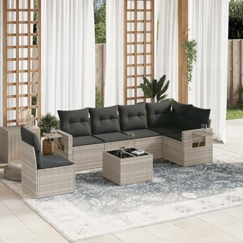 IKAYAA Gartenlounge mit Stauraum Rattan Gartenmöbel Set mit Stauraum Balkon Lounge Balkonsofa Kleiner Balkon Gartensofa Ecksofa Rattansofa Lounge Sofa Outdoor-Hellgrau-7-tlg Typ 2 von IKAYAA