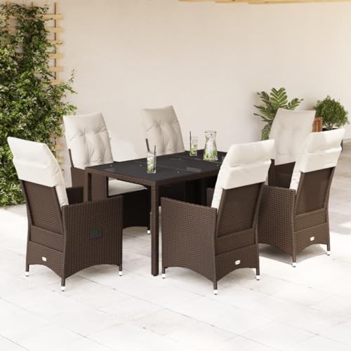 IKAYAA Gartenmöbel Set 6 Verstellbare Hochlehner Stühlen Garten Sitzgruppe 6 Personen Gartenmöbel Set 6 Personen Rattan Essgruppe Gartengarnitur Sitzgarnitur-Braun-7-tlg Typ 2 von IKAYAA