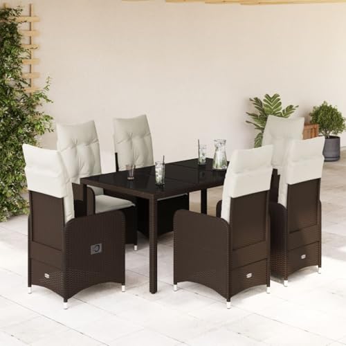 IKAYAA Gartenmöbel Set 6 Verstellbare Hochlehner Stühlen Garten Sitzgruppe 6 Personen Gartenmöbel Set 6 Personen Rattan Essgruppe Gartengarnitur Sitzgarnitur-Braun-7-tlg Typ 4 von IKAYAA