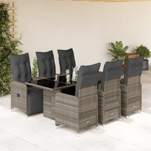 IKAYAA Gartenmöbel Set 6 Verstellbare Hochlehner Stühlen Garten Sitzgruppe 6 Personen Gartenmöbel Set 6 Personen Rattan Essgruppe Gartengarnitur Sitzgarnitur-Grau-7-tlg Typ 2 von IKAYAA