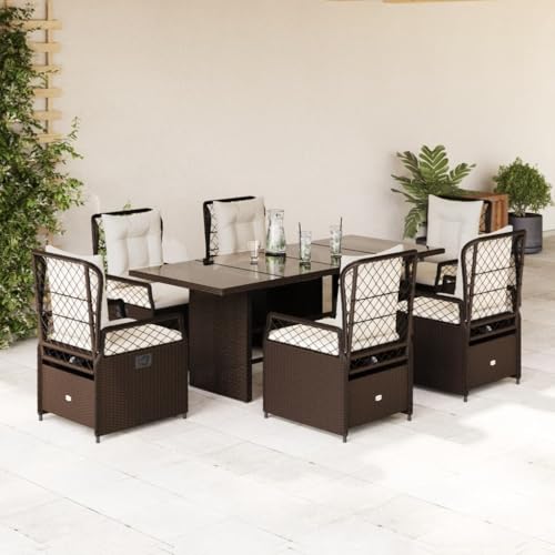 IKAYAA Gartenmöbel Set 6 Verstellbare Hochlehner Stühlen mit Tisch Garten sitzgruppe 6 Personen Polyrattan Gartenmöbel Sitzgruppe Gartengarnitur mit Kissen-Braun-7-tlg von IKAYAA