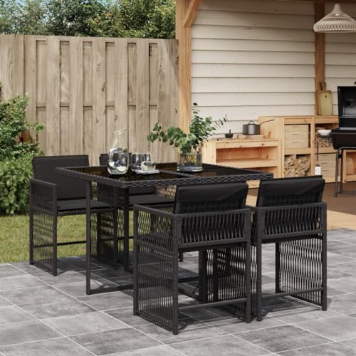 IKAYAA Gartenmöbel Set Rattan 4 Personen Garten sitzgruppe 4 Personen Gartentisch Set mit 4 stühlen Sitzgruppe Outdoor Balkon Möbel wetterfest Gartengarnitur mit Kissen-Schwarz-5-tlg-Typ 2 von IKAYAA