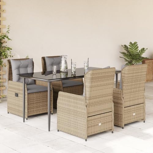 IKAYAA Gartenmöbel Set mit Tisch und 4 Verstellbare Hochlehner Stühlen, Polyrattan Sitzgruppe für 4 Personen, Essgruppe für Garten Terrasse, inkl. Sitzkissen Beige 5-TLG-Type-7 von IKAYAA