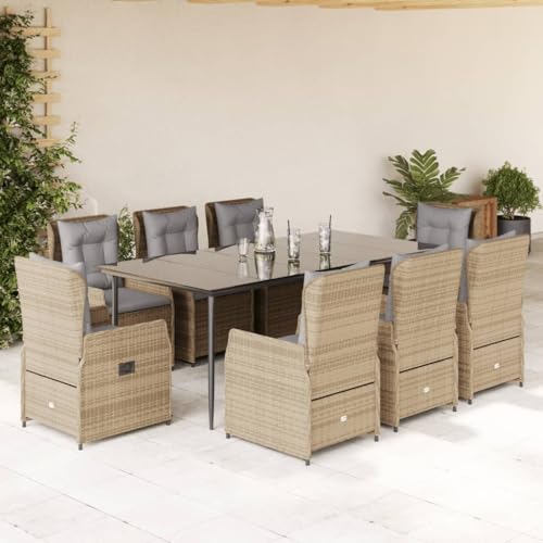 IKAYAA Gartenmöbel Set mit Tisch und 8 Verstellbare Hochlehner Stühlen, Polyrattan Sitzgruppe für 8 Personen, Essgruppe für Garten Terrasse, inkl. Sitzkissen Beige 9-TLG-Type-2 von IKAYAA