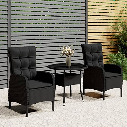 IKAYAA Gartensessel Polyrattan Verstellbar 2 STK Balkonmöbel Set mit 1 Tisch & 2 Verstellbare Hochlehner Stühlen loungesessel Outdoor relaxstuhl polyrattan Sessel Garten liegestuhl-Schwarz-3-tlg von IKAYAA