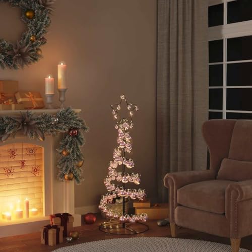 IKAYAA LED Weihnachtsbaum Metall mit Kugeln Rosa Kegelform Weihnachtsbaum Metall Warmweiß 80 LEDs Tannenbaum Lichterbaum Weihnachtsdeko Innen Weihnachtsbaum120 cm von IKAYAA