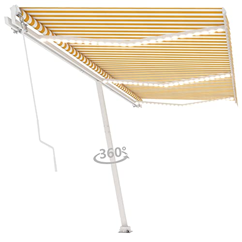 IKAYAA Manuelle Gelenkarmmarkise mit LED Markise Manuell 600 x 300 cm Einziehbar Sonnenmarkise Gelenkarmmarkise Einziehbar Sonnenschutz Gelb und weiß von IKAYAA