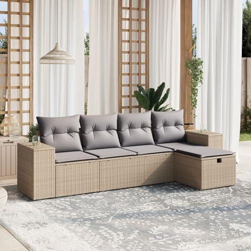 IKAYAA PolyRattan Lounge Balkon Lounge Gartenlounge Outdoor Rattan Gartenmöbel Set Balkonsofa Ecklounge Gartensofa Sofagarnitur -Beige und Grau-5-tlg-Typ 3 von IKAYAA